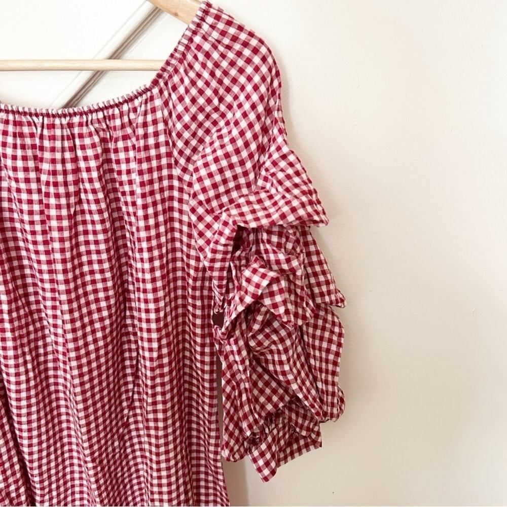 Zara Off the Shoulder Gingham Dress Red White Tiered Ruffle Sleeve Size M - Picture 4 of 10